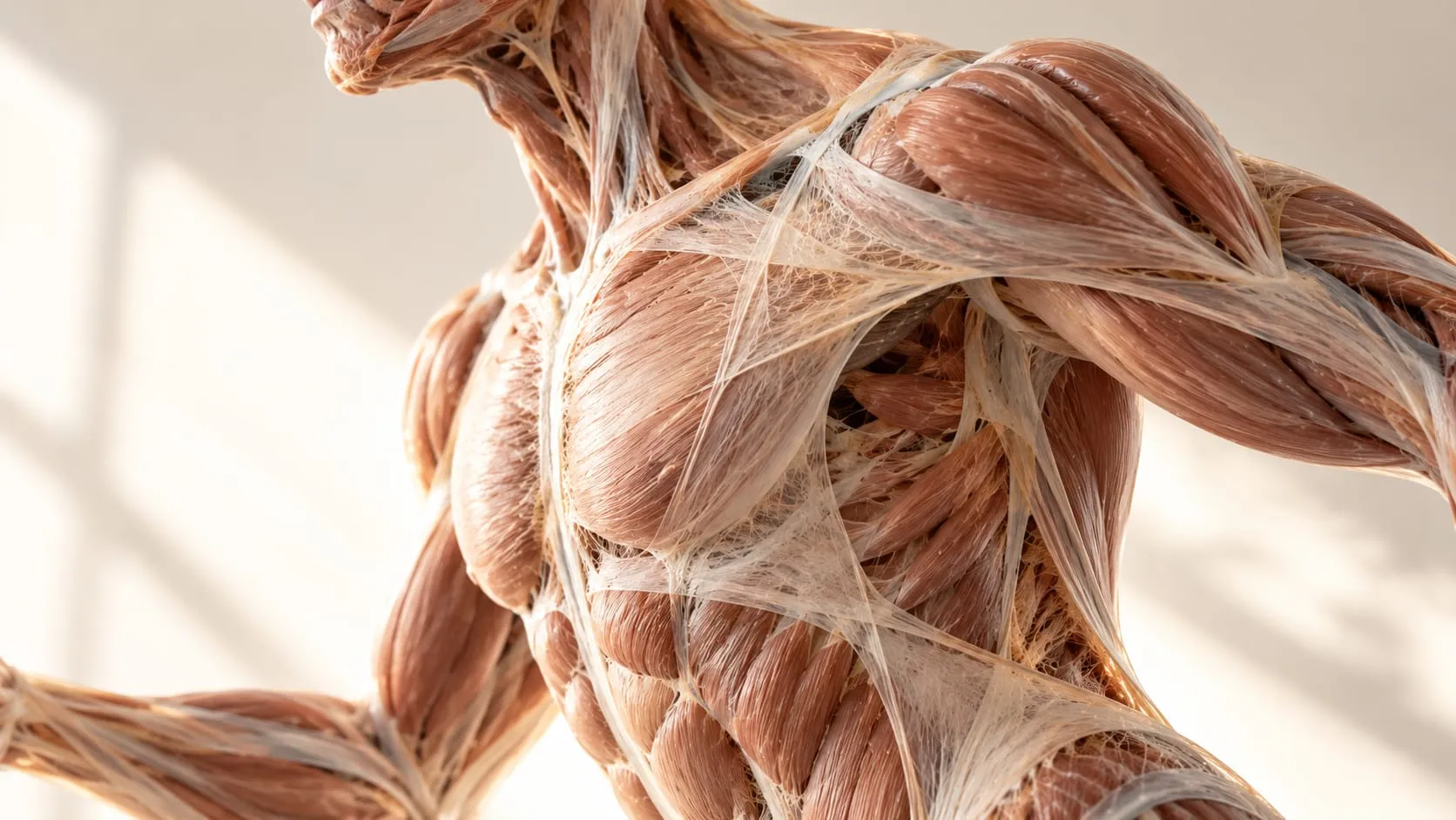 Illustration anatomique : muscles de l'épaule et du tronc recouverts d'un réseau de fascias